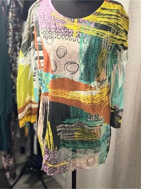 Jess&Jane Y2K Abstract Multicolor Scoop-Neck Tunic in Yellow, Teal & Black
